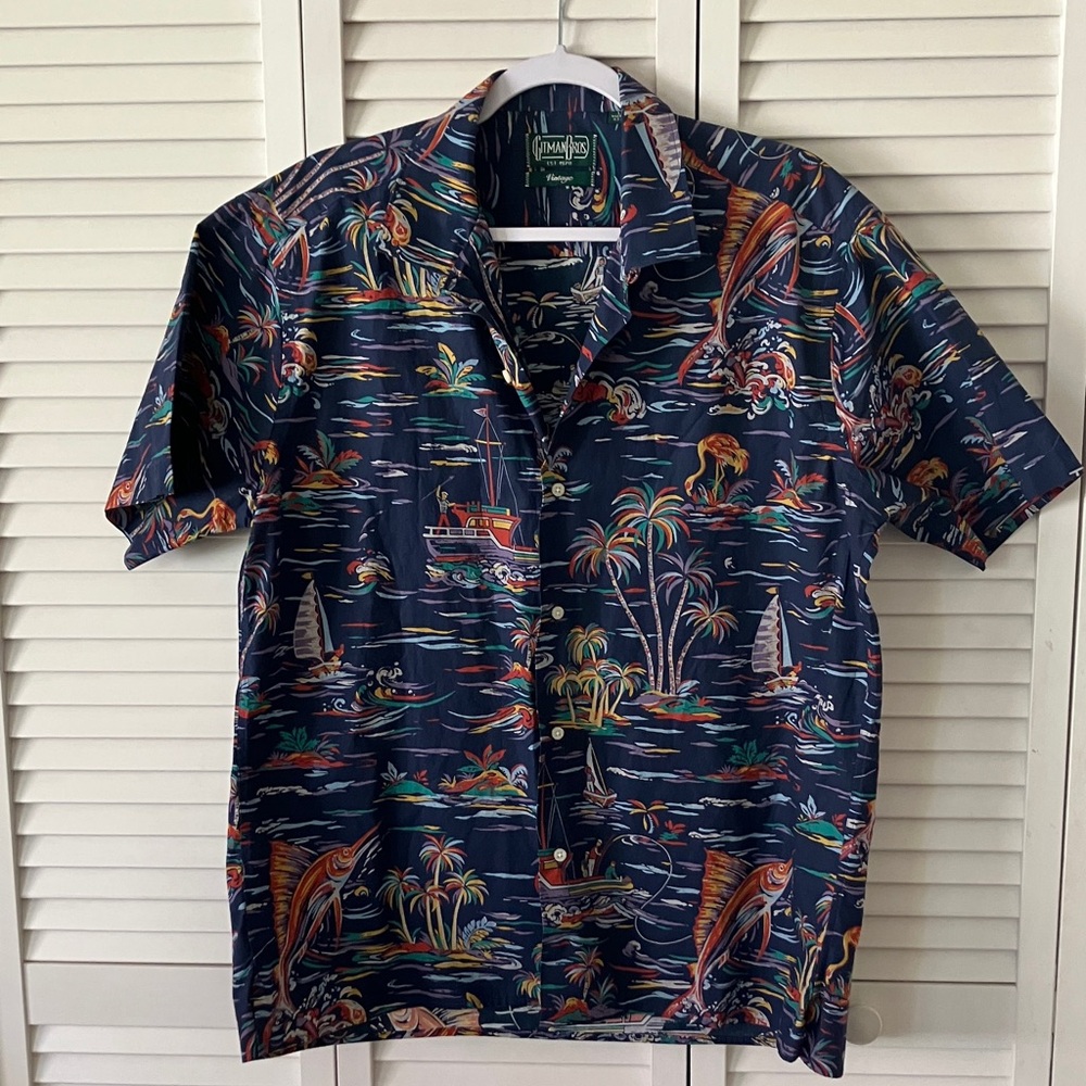 Gitman Brothers Navy Tropical Fish & Palm Short Sleeve Button-Down Cotton Size L
